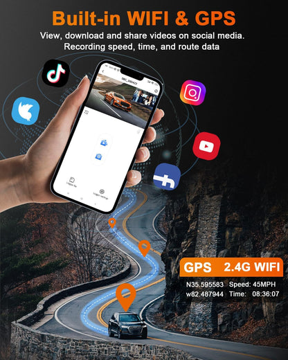 Camera auto de bord cu WiFi, GPS si 3 canale, camera marsarier, inregistrare fata si habitaclu, 4K, nightvision, G-Sensor, monitorizare parcare, ghidaj parcare, inregistrare in bucla, ecran de 2.45 inch