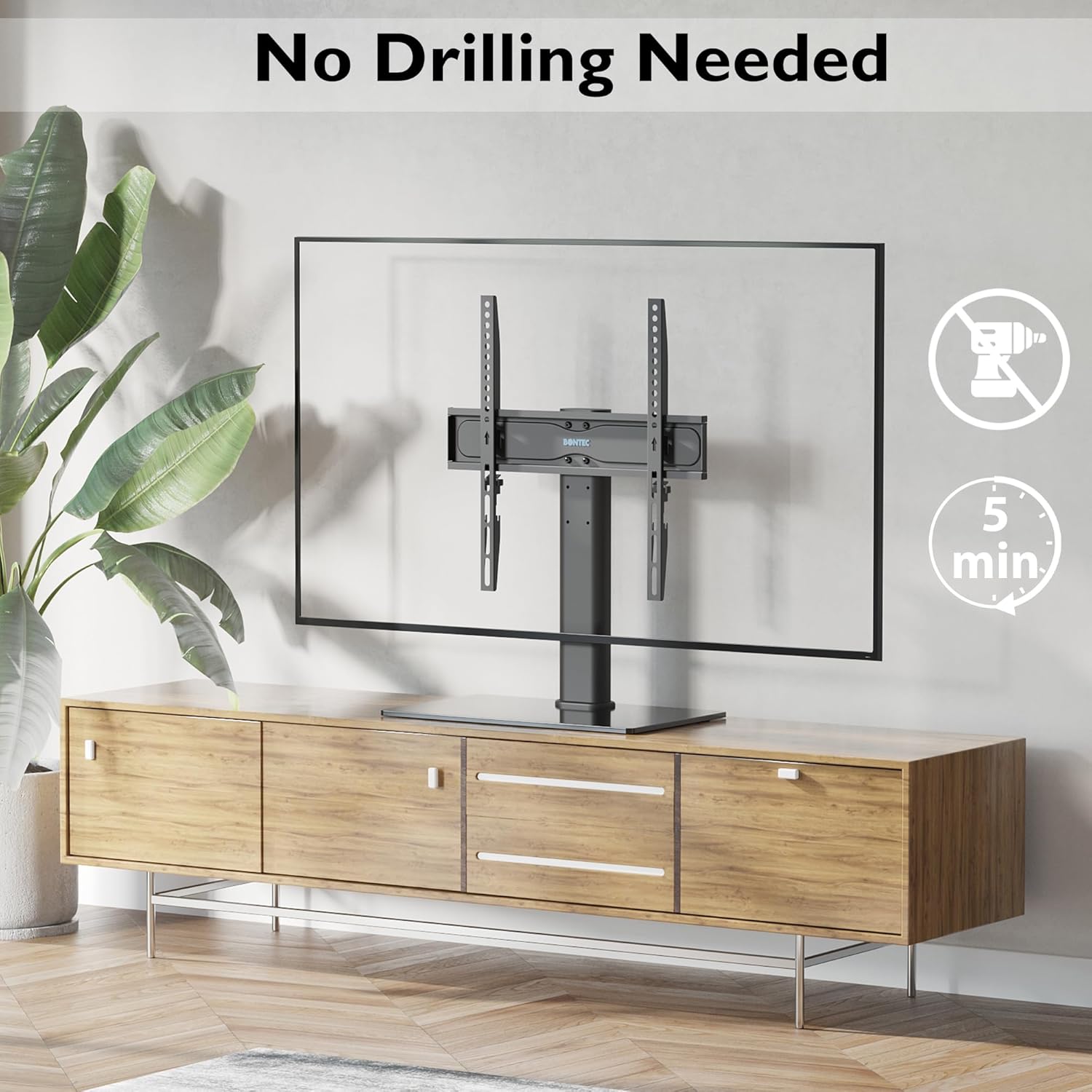 Suport TV cu stand de masa, pentru televizor 26-55 inch, suporta greutate pana la 40 kg, baza 400 x 260 mm din sticla, inaltime ajustabila, prinderi din otel, multifunctional