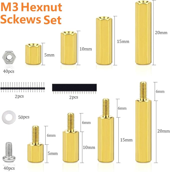 Set distantiere M3, 250 de bucati din alama, suruburi si piulite din otel inoxidabil, hexagonale, filet tata-mama, distantiere pentru pentru placa de baza Raspberry Pi si placa PCB