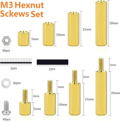 Set distantiere M3, 250 de bucati din alama, suruburi si piulite din otel inoxidabil, hexagonale, filet tata-mama, distantiere pentru pentru placa de baza Raspberry Pi si placa PCB