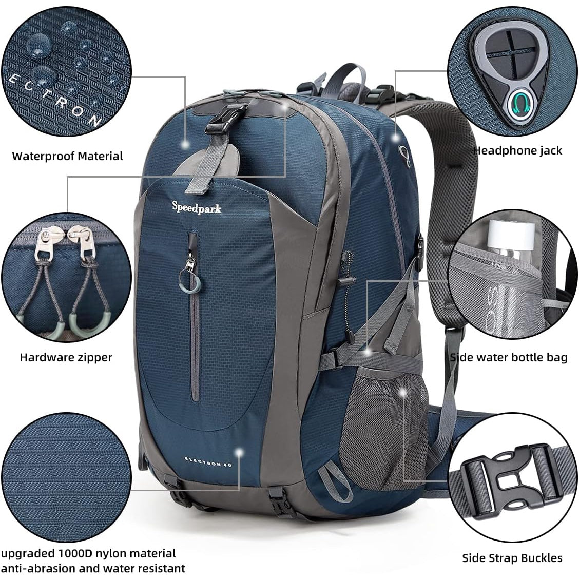 Rucsac de drumetie 40 l cu husa de ploaie, gheozdan impermeabil cu buzunar frontal si laterale, material bretele respirabil, pentru drumetii, camping, trekking, albastru