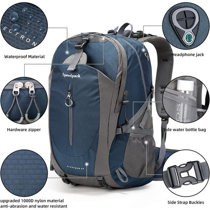 Rucsac de drumetie 40 l cu husa de ploaie, gheozdan impermeabil cu buzunar frontal si laterale, material bretele respirabil, pentru drumetii, camping, trekking, albastru