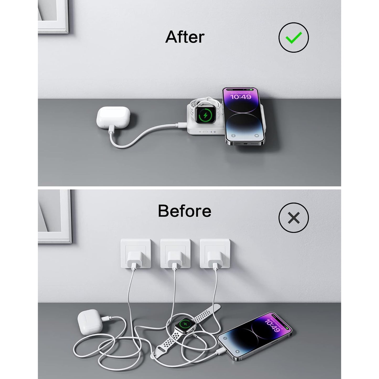 Baterie externa wireless, Powerbank magnetic de 10000 mAh, 3 in 1, pentru smartwatch si telefon mobil, incarcare rapida 20W, compatibil iPhone, Apple Watch, Samsung, alb