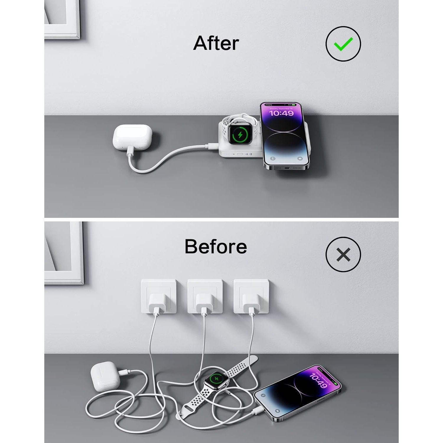 Baterie externa wireless, Powerbank magnetic de 10000 mAh, 3 in 1, pentru smartwatch si telefon mobil, incarcare rapida 20W, compatibil iPhone, Apple Watch, Samsung, alb