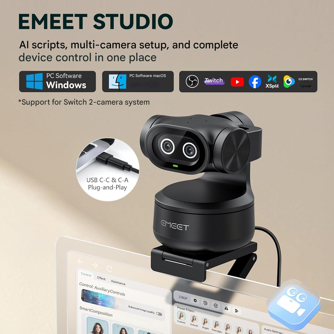 Camera web 4K EMEET PIXY Duala AI PTZ, autofocus 0.2s PDAF, 1080p, urmarire automata 310°, Senzor Sony, 3 microfoane noise canceling, control gesturi – Compatibila OBS/Twitch/Switch 2