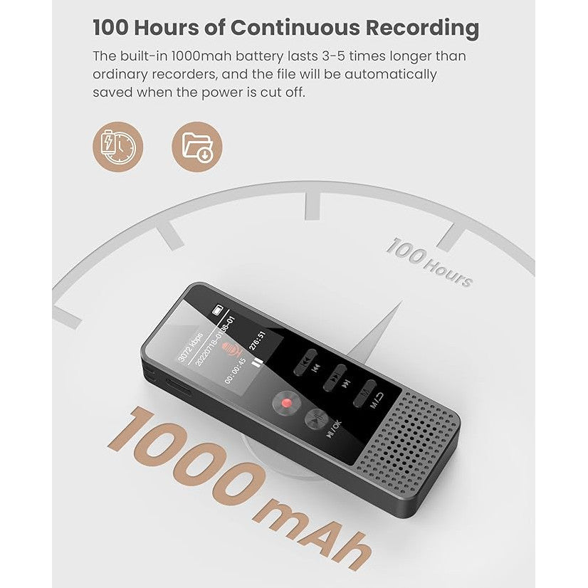 Reportofon digital 64 GB, microfon dublu cu functie reducere zgomot, inregistrare activata prin voce, 3072 Kbps, inregistrare apeluri, capacitate 100 ore, baterie 1000 mAh, dictafon cu difuzor incorporat
