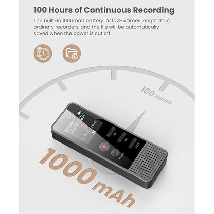 Reportofon digital 64 GB, microfon dublu cu functie reducere zgomot, inregistrare activata prin voce, 3072 Kbps, inregistrare apeluri, capacitate 100 ore, baterie 1000 mAh, dictafon cu difuzor incorporat