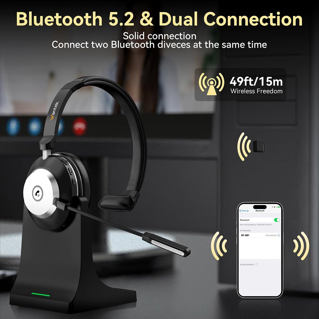 Casca Call Center Bluetooth 5.2 cu stativ de incarcare, microfon cu anulare zgomot rotativ 270°, dongle USB, buton mute, timp functionare 45h, pentru PC si smartphone, negru