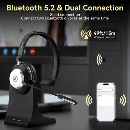 Casca Call Center Bluetooth 5.2 cu stativ de incarcare, microfon cu anulare zgomot rotativ 270°, dongle USB, buton mute, timp functionare 45h, pentru PC si smartphone, negru