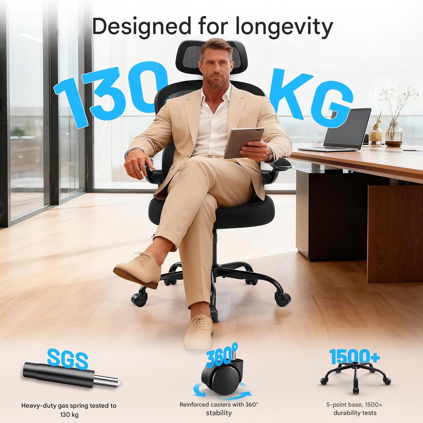 Scaun de birou ergonomic Coscendo, cu tetiera 3D reglabila si suport lombar, inclinare 90°–120°, cotiere rabatabile 90°, reglabil pe inaltime, rotativ cu roti silentioase, sarcina maxima 130 kg, negru