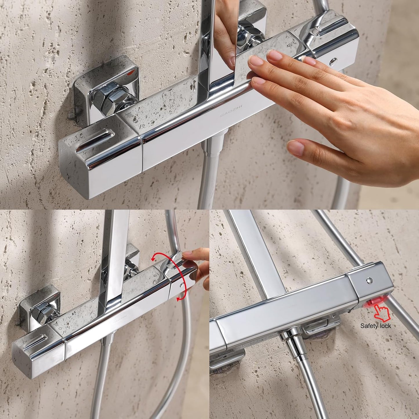 Coloana de dus, sistem cu termostat, model aparent, inaltime reglabila, cap dus tip ploaie 30 x 20 cm, 2 functii, cromat