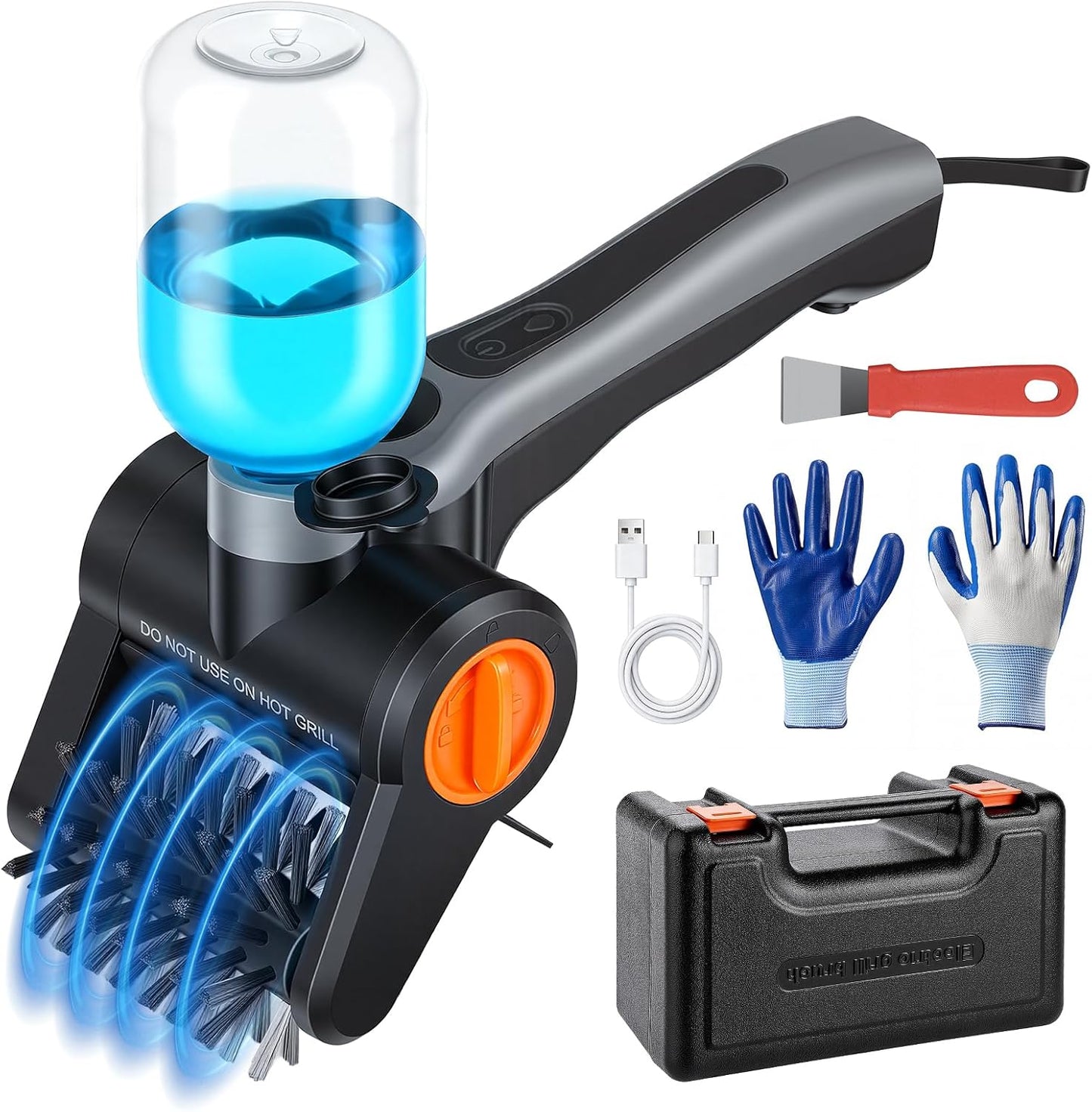 Perie electrica profesionala pentru curatat gratare 100W, 8000 RPM, curatare automata 360°, rezervor apa 300ml cu pulverizare, baterie 2600mAh 7.4V, 2 viteze, IPX8 waterproof, peri otel inoxidabil 304, incarcare USB-C, set complet cu accesorii si geanta