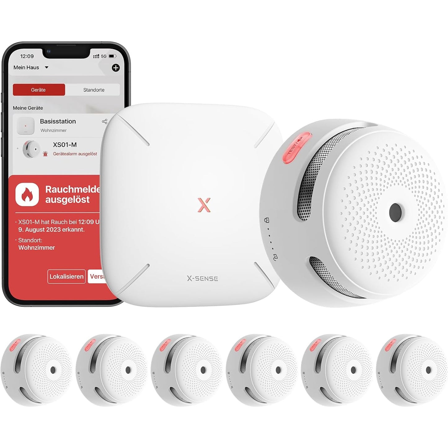 Set 6 detector de fum smart wireless cu statie de baza WiFi, senzor fotoelectric, alarma 85 dB, control prin aplicatie, 500 m raza interconectare, X-Smart