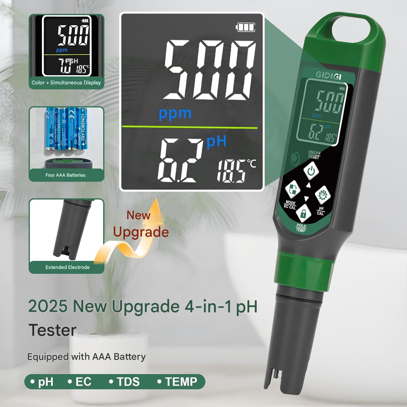 PH-metru digital profesional pentru calitatea apei 6-in-1 – pH-metru, TDS-metru, EC-metru si termometru, ecran color, precizie 0, 01 pH, ideal pentru hidroponie, piscine, acvarii, fantani si apa potabila