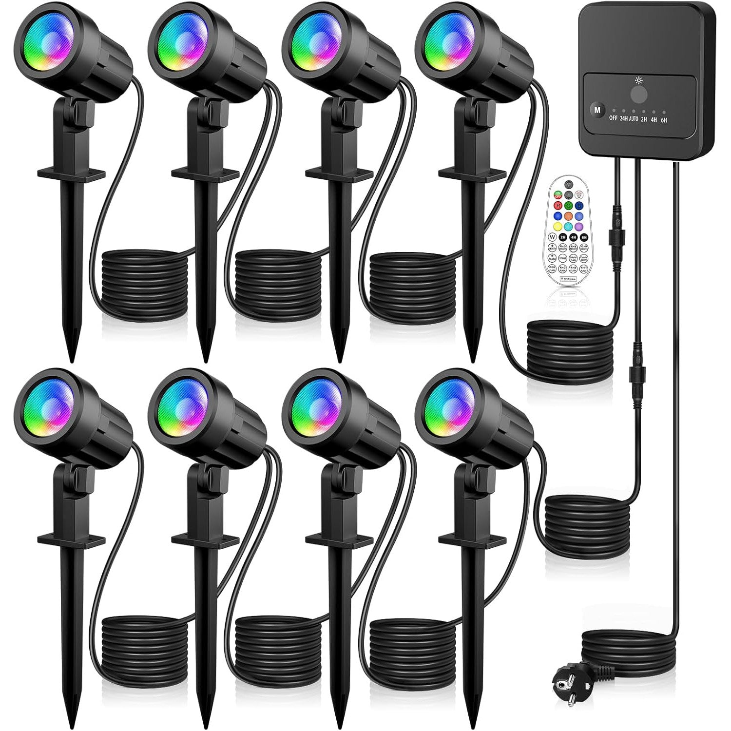 Set 8 proiectoare RGB, lampi gradina cu senzor lumina, telecomanda, functie temporizare, 30 moduri dinamice, impermeabile IP66, cu tarus si cablu de 23 m, Iluminat exterior pentru gradina, curte, petrecere