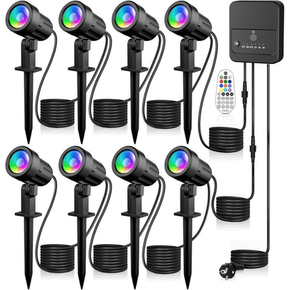 Set 8 proiectoare RGB, lampi gradina cu senzor lumina, telecomanda, functie temporizare, 30 moduri dinamice, impermeabile IP66, cu tarus si cablu de 23 m, Iluminat exterior pentru gradina, curte, petrecere