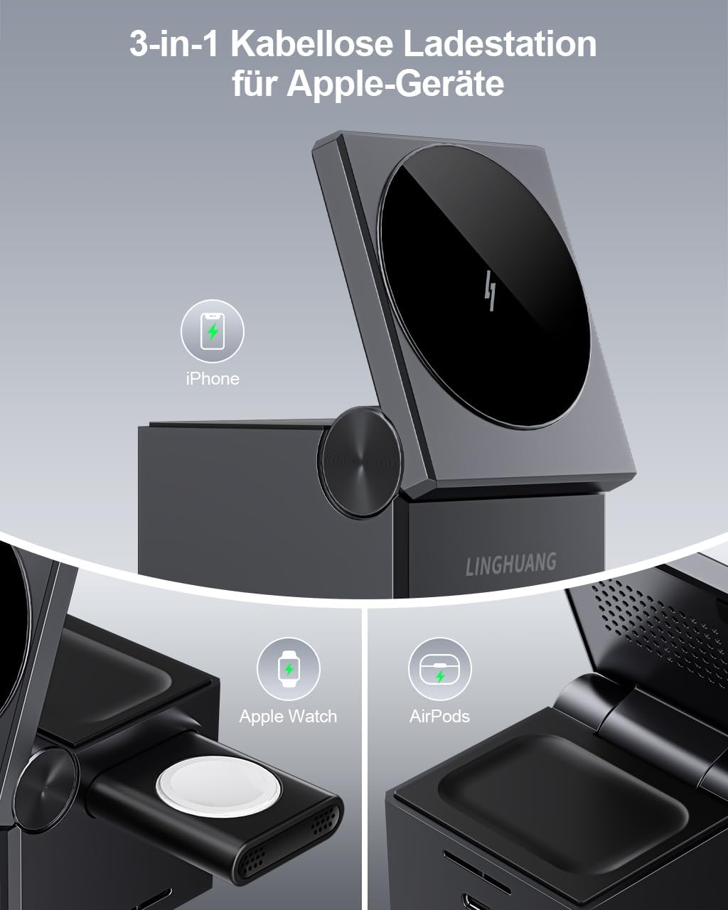 Statie de incarcare 3 in 1 wireless, compatibil MagSafe, 15W Pro, incarcator Apple Watch detasabil, pentru iPhone 15/14/13/12, Apple iWatch si AirPods