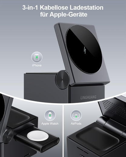 Statie de incarcare 3 in 1 wireless, compatibil MagSafe, 15W Pro, incarcator Apple Watch detasabil, pentru iPhone 15/14/13/12, Apple iWatch si AirPods