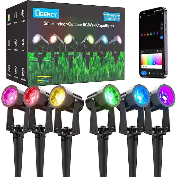 Set 6 lampi pentru gradina smart, RGBW+IC LED, proiector cu controller, compatibil Alexa si Google Assistant, sincronizare muzicala si temporizator prin aplicatie, Iluminat exterior pentru gradina, curte, petrecere, copaci, cu tarus si cablu de 16.5 m
