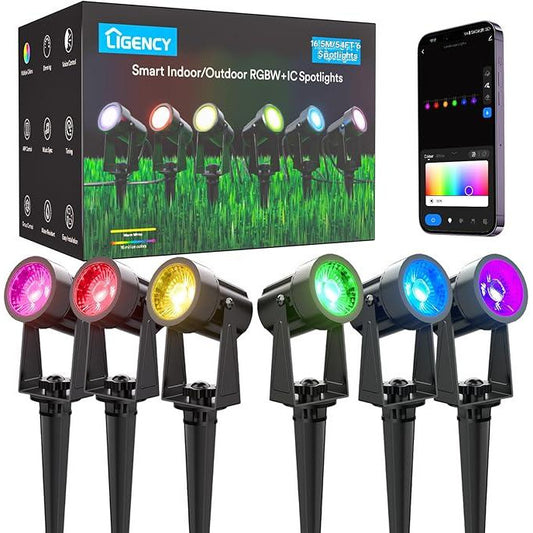 Set 6 lampi pentru gradina smart, RGBW+IC LED, proiector cu controller, compatibil Alexa si Google Assistant, sincronizare muzicala si temporizator prin aplicatie, Iluminat exterior pentru gradina, curte, petrecere, copaci, cu tarus si cablu de 16.5 m