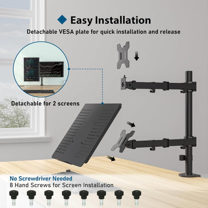 Suport de birou pentru monitor 13 ”-27” si laptop, cu inaltime reglabila, suporta 10 kg pe fiecare brat, prindere VESA 75 x 75 mm si 100 x 100 mm, negru