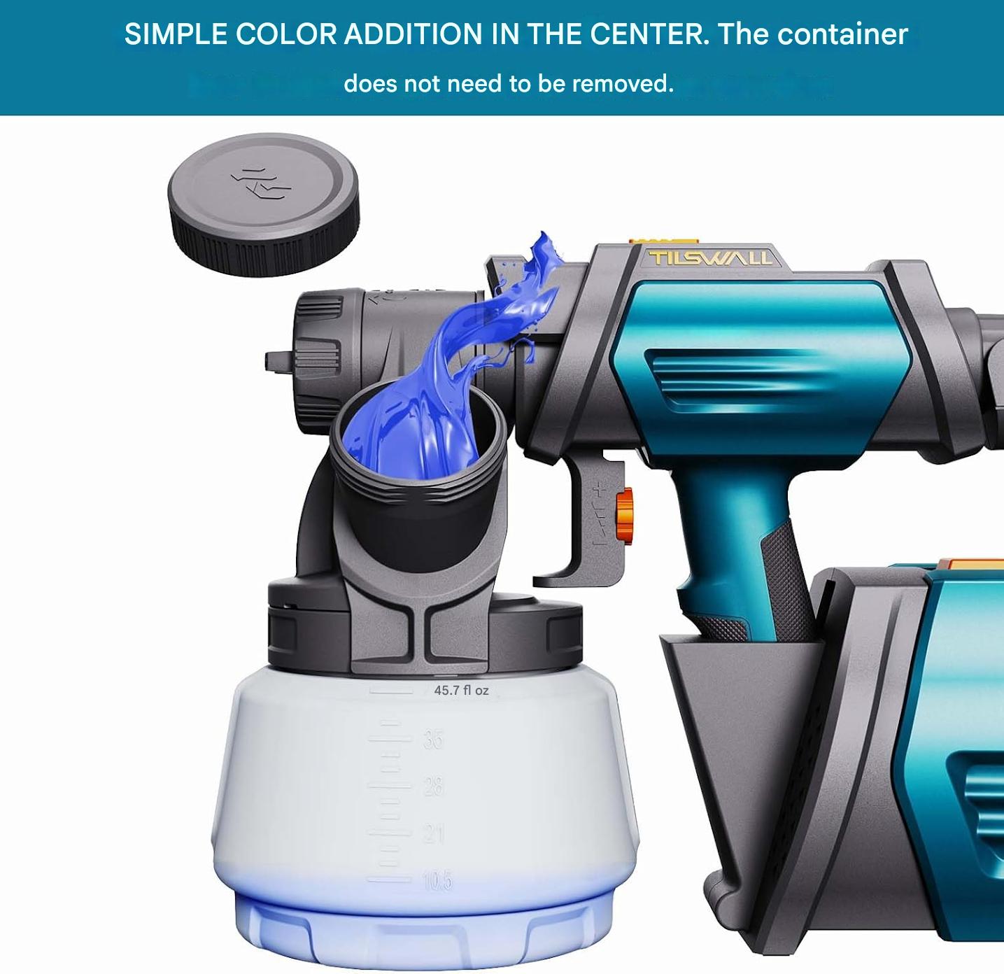 Pistol de vopsit 800 HVLP Tilswall Shark, capacitate 1300 ml, 4 duze, 3 moduri de pulverizare, 120 DIN, ideal pentru vopsit interior si exterior, pereti, mobilier – Albastru