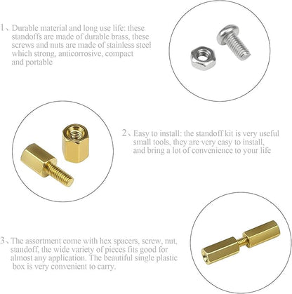 Set distantiere M3, 250 de bucati din alama, suruburi si piulite din otel inoxidabil, hexagonale, filet tata-mama, distantiere pentru pentru placa de baza Raspberry Pi si placa PCB