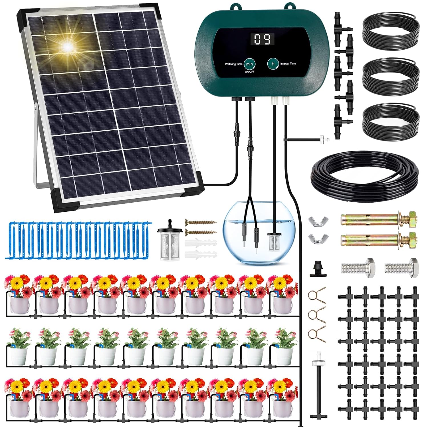 Sistem de irigare prin picurare cu panou solar, pentru 30 de plante in ghiveci, cu furtun de de 30 m si 30 aspersoare, cu temporizare, pentru interior si exterior
