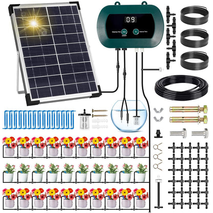 Sistem de irigare prin picurare cu panou solar, pentru 30 de plante in ghiveci, cu furtun de de 30 m si 30 aspersoare, cu temporizare, pentru interior si exterior
