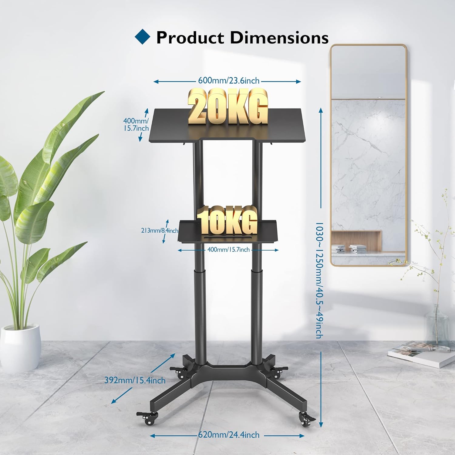 Suport mobil pentru laptop, stand cu inaltime reglabila, suporta greutate pana la 20 kg, unghi reglabil 0-40°, roti cu blocare, multifunctional, negru
