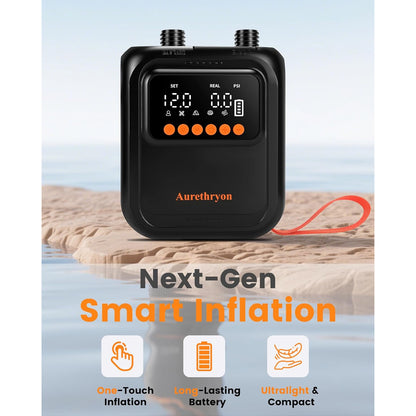 Pompa electrica portabila SUP Aurethryon, baterie 13500 mAh, presiune maxima 20 PSI, oprire automata, afisaj LED, lanterna integrata, alimentare 12V si USB-C, 7 duze incluse, negru