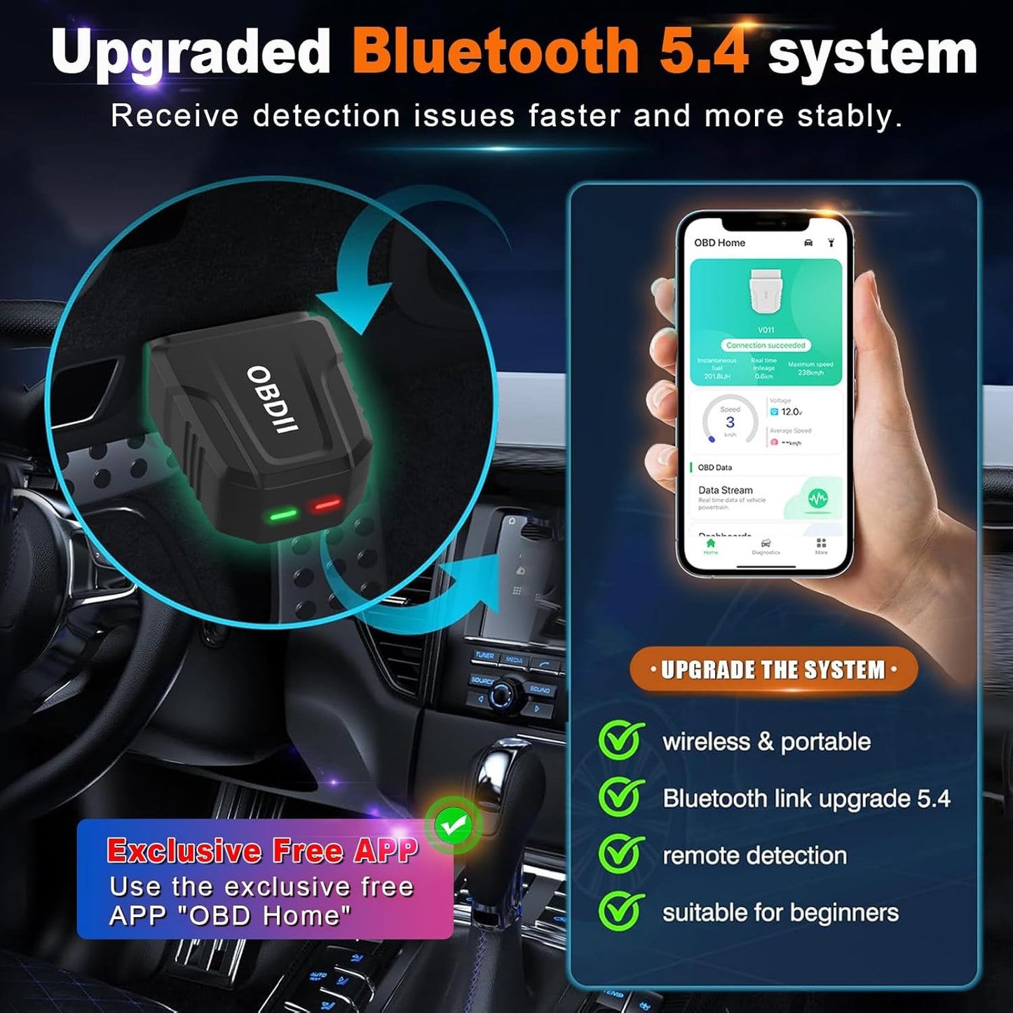 Interfata OBD2, tester Bluetooth 5.4 wireless, diagnoza multimarca cu stergere martori bord, citire coduri eroare, test senzor oxigen, compatibil iOS si Android