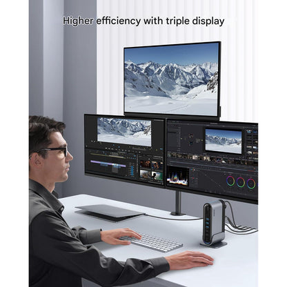 Statie andocare 17-in-1, docking station cu 2 porturi HDMI 4K, 1 x Displayport, USB-C PD, 5 x USB-A, 1 x Ethernet 1 Gbps, slot card SD/TF, functie split screen, pentru Windows si MacOS