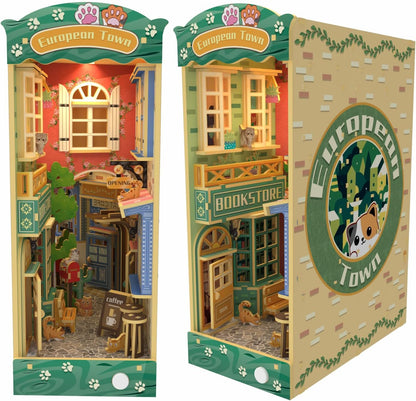 Puzzle 3D, Book Nook DIY cu lumina LED, cotor de carte din lemn, accesotiu decorativ suport carti straduta cu pisici