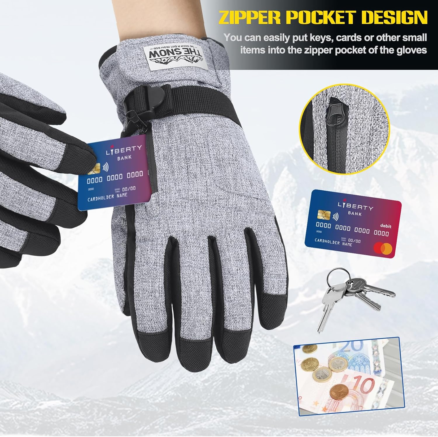 Manusi de iarna impermeabile, compatibile touchscreen, material respirabil, rezistente la vant, cu buzunar, pentru schi, snowboarding, drumetii, ciclism