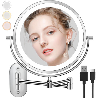 Oglinda cosmetica iluminata LED, marire 1X/20X, luminozitate reglabila, 3 moduri iluminare, reincarcabila, cu doua fete, buton tactil, rotativa 360°, argintie