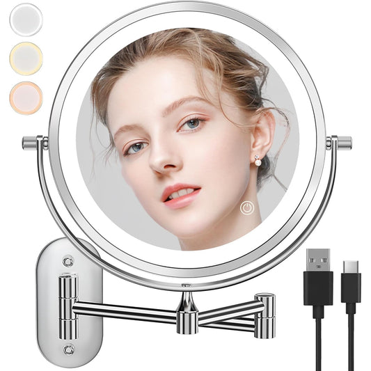 Oglinda cosmetica iluminata LED, marire 1X/20X, luminozitate reglabila, 3 moduri iluminare, reincarcabila, cu doua fete, buton tactil, rotativa 360°, argintie