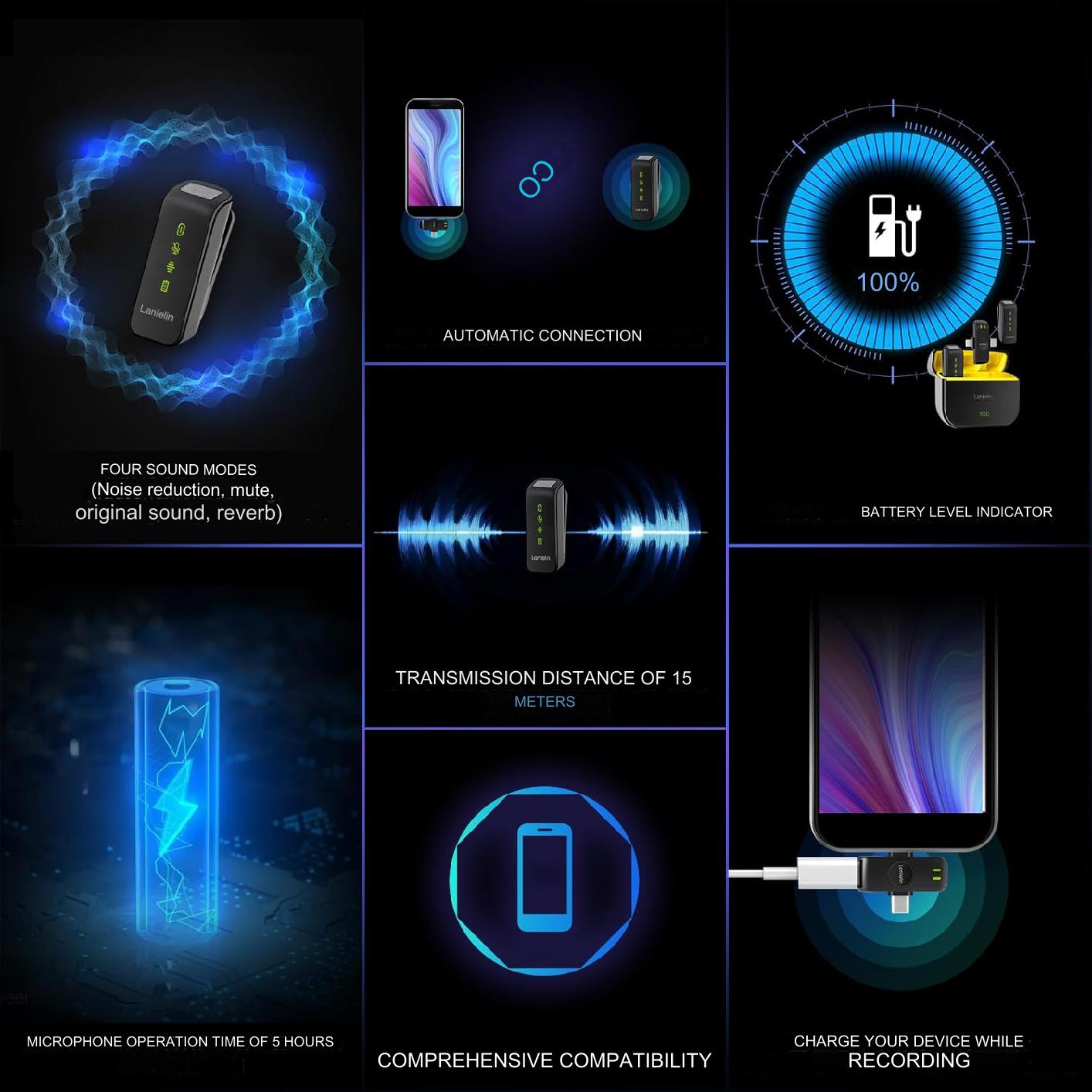 Set 2 microfoane lavaliera pentru iPhone, iPad si Android, sunet omnidirectional 360º, cu statie de incarcare, plug & play, sistem reducere zgomot, wireless 2.4G, indicator nivel baterie, incarcare USB-C, portabil, negru