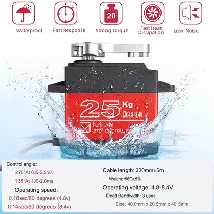 Set de 2 servomotor 25 kg, unghi operare 270°, angrenaj metalic, impermeabil IP66, cu accesorii, pentru barca RC, masina RC, brat robot, model avion, model elicopter