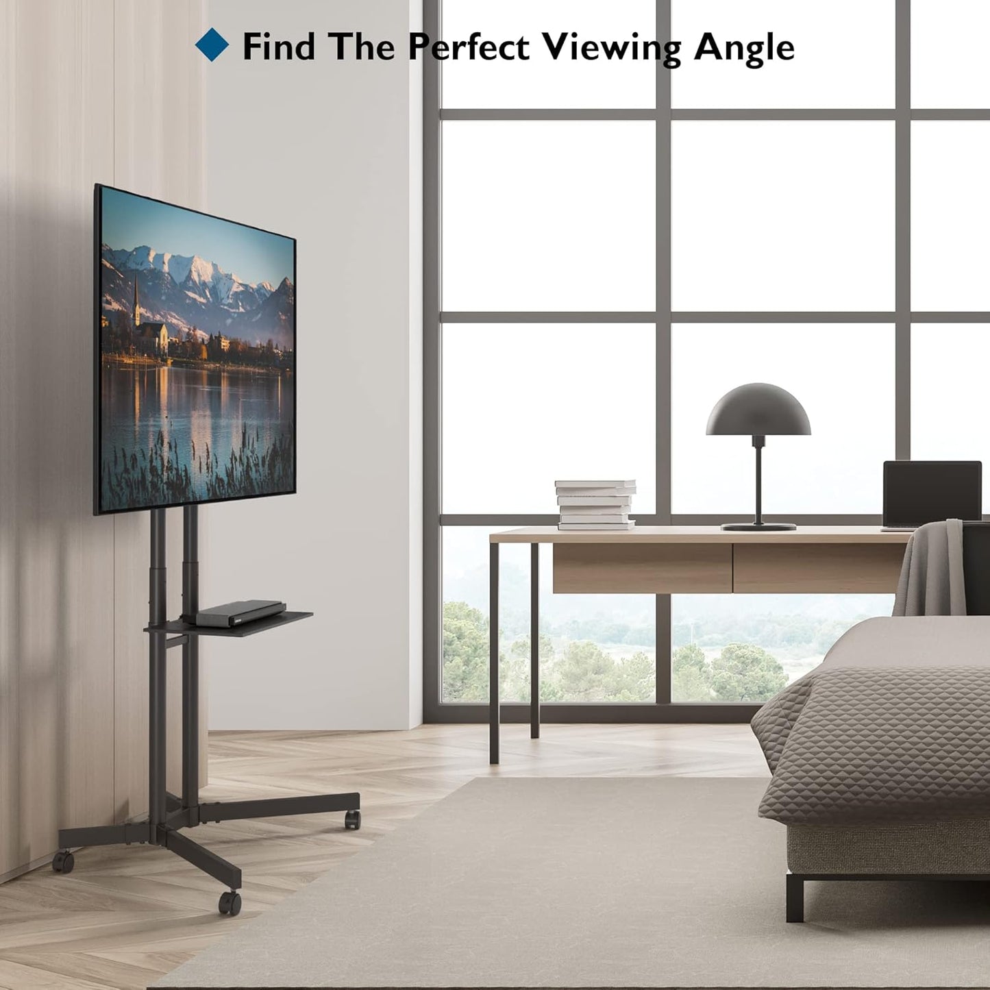 Suport TV stand cu roti, pentru televizoare de 32-85 inch plat si curbat de pana la 60 kg, reglabil in inaltime, VESA maxim 600 x 400 mm, negru