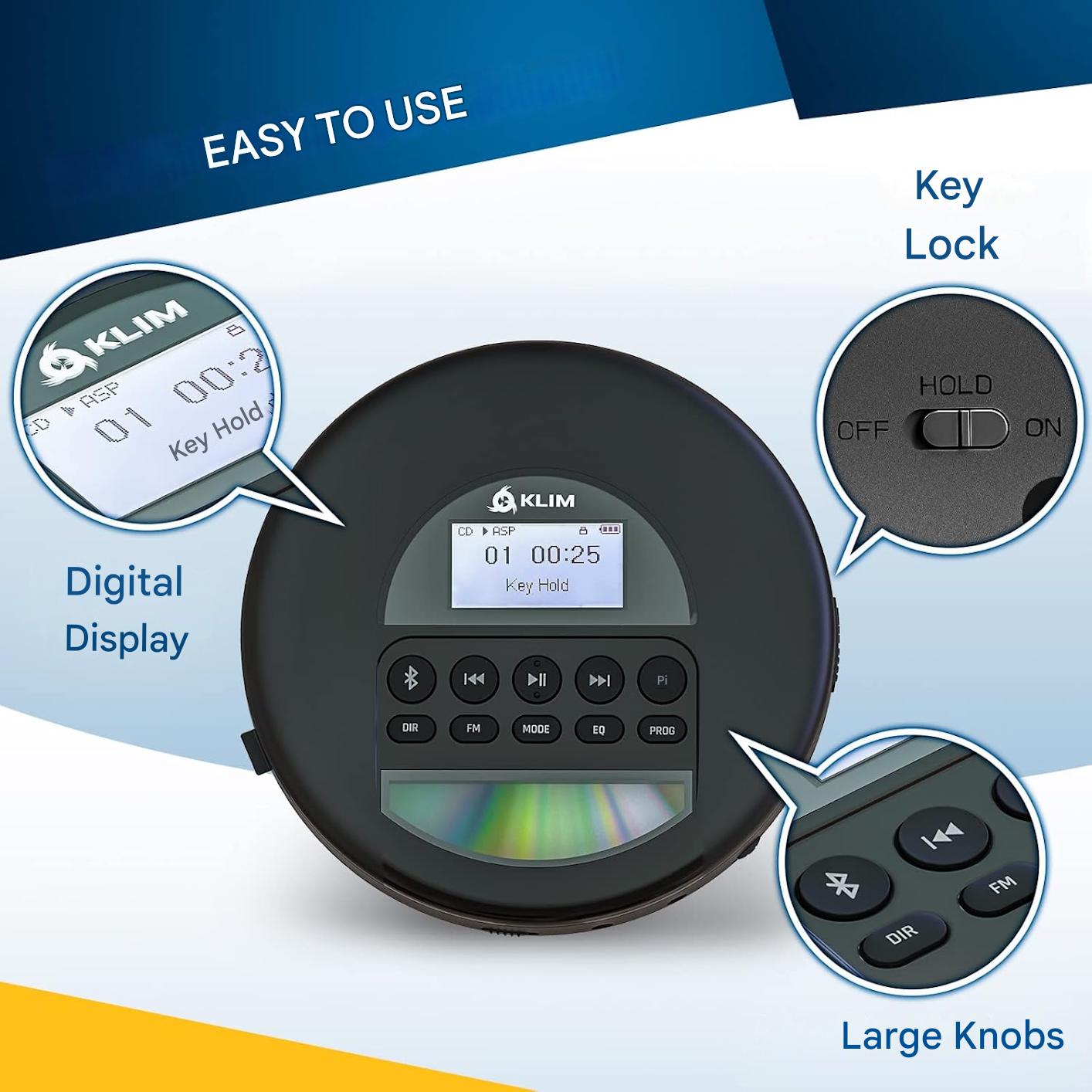 CD Player portabil KLIM Nomad Discman, Bluetooth, radio FM, MP3, cititor TF, baterie reincarcabila, casti Incluse, compatibil CD-R/CD-RW, AUX auto, negru