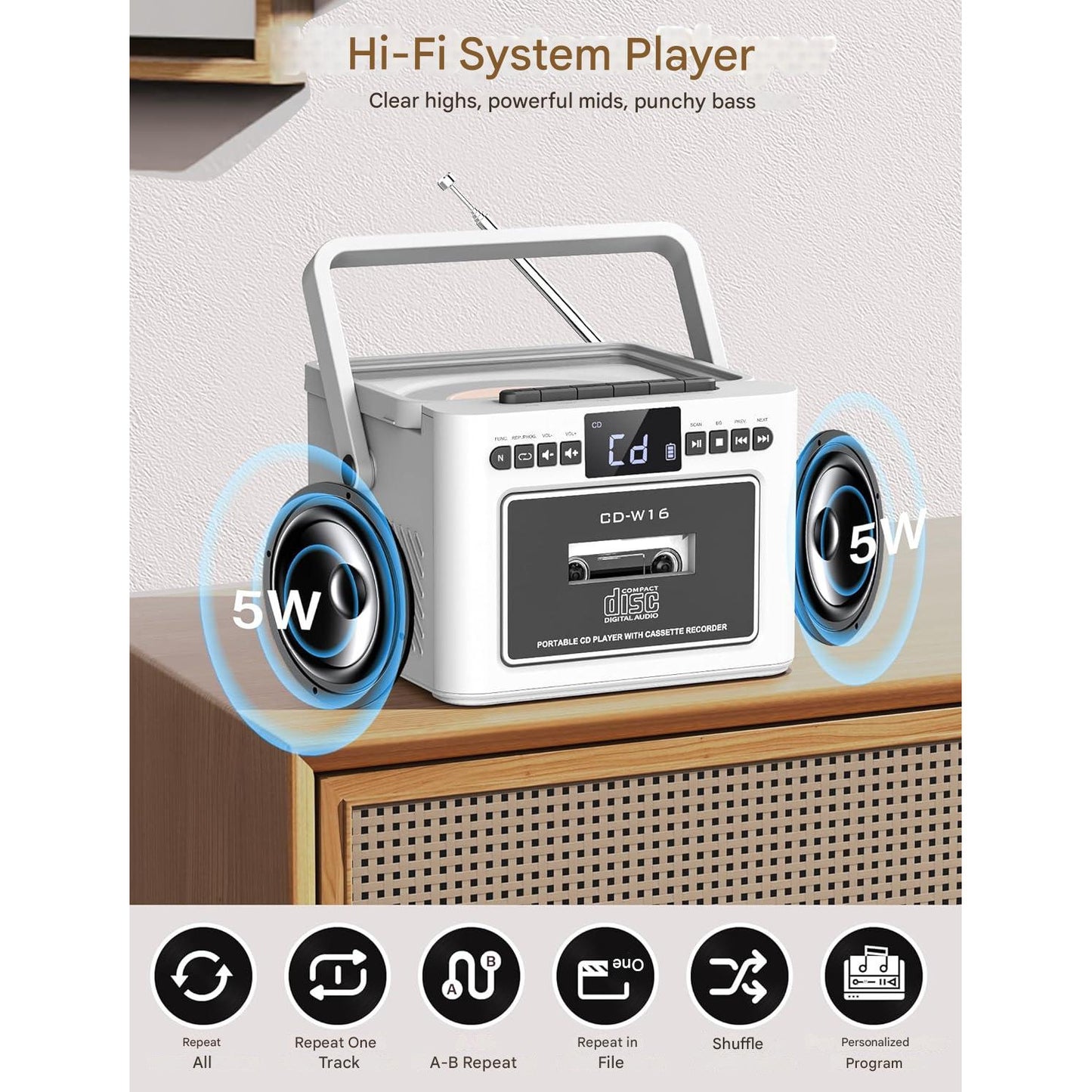 Radio cu casetofon si player CD, baterie reincarcabila 5000 mAh, afisaj LED, telecomanda si maner portabil, difuzoare duble, redare USB/AUX/MP3/Card TF, iesire Jack casti 3, 5 mm, sistem audio multifunctional, alb