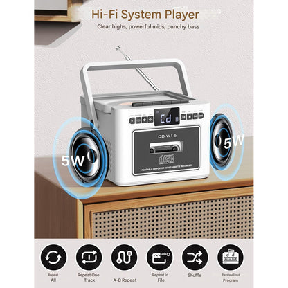 Radio cu casetofon si player CD, baterie reincarcabila 5000 mAh, afisaj LED, telecomanda si maner portabil, difuzoare duble, redare USB/AUX/MP3/Card TF, iesire Jack casti 3, 5 mm, sistem audio multifunctional, alb
