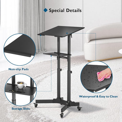 Suport mobil pentru laptop, stand cu inaltime reglabila, suporta greutate pana la 20 kg, unghi reglabil 0-40°, roti cu blocare, multifunctional, negru