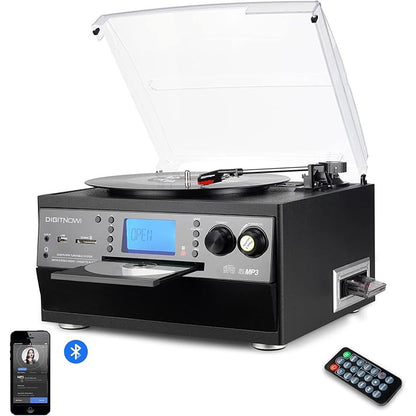 Pick-up 9 in 1 cu Bluetooth, conversie in MP3 prin USB, redare Disc vinyl, USB SD MMC, CD player, casetofon, radio AM/FM, cu telecomanda, mufa pentru casti si intrare auxiliara iesire RCA, platan vinyl cu 3 viteze, difuzor stereo incorporat