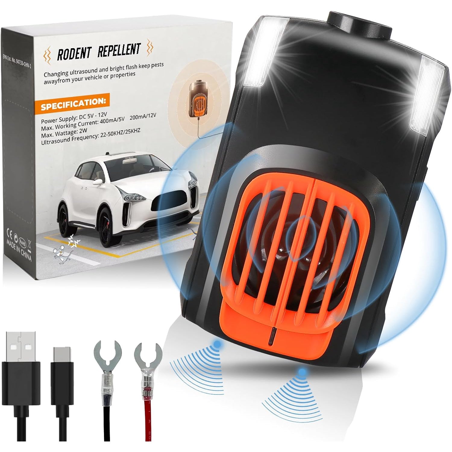 Aparat anti rozatoare auto, dispozitiv cu ultrasunete 20-50 kHz si lumini LED stroboscopice, 2 modalitati alimentare, anti daunatori, soareci, sobolani, dihori pentru masina si incaperi pana la 80 metri patrati
