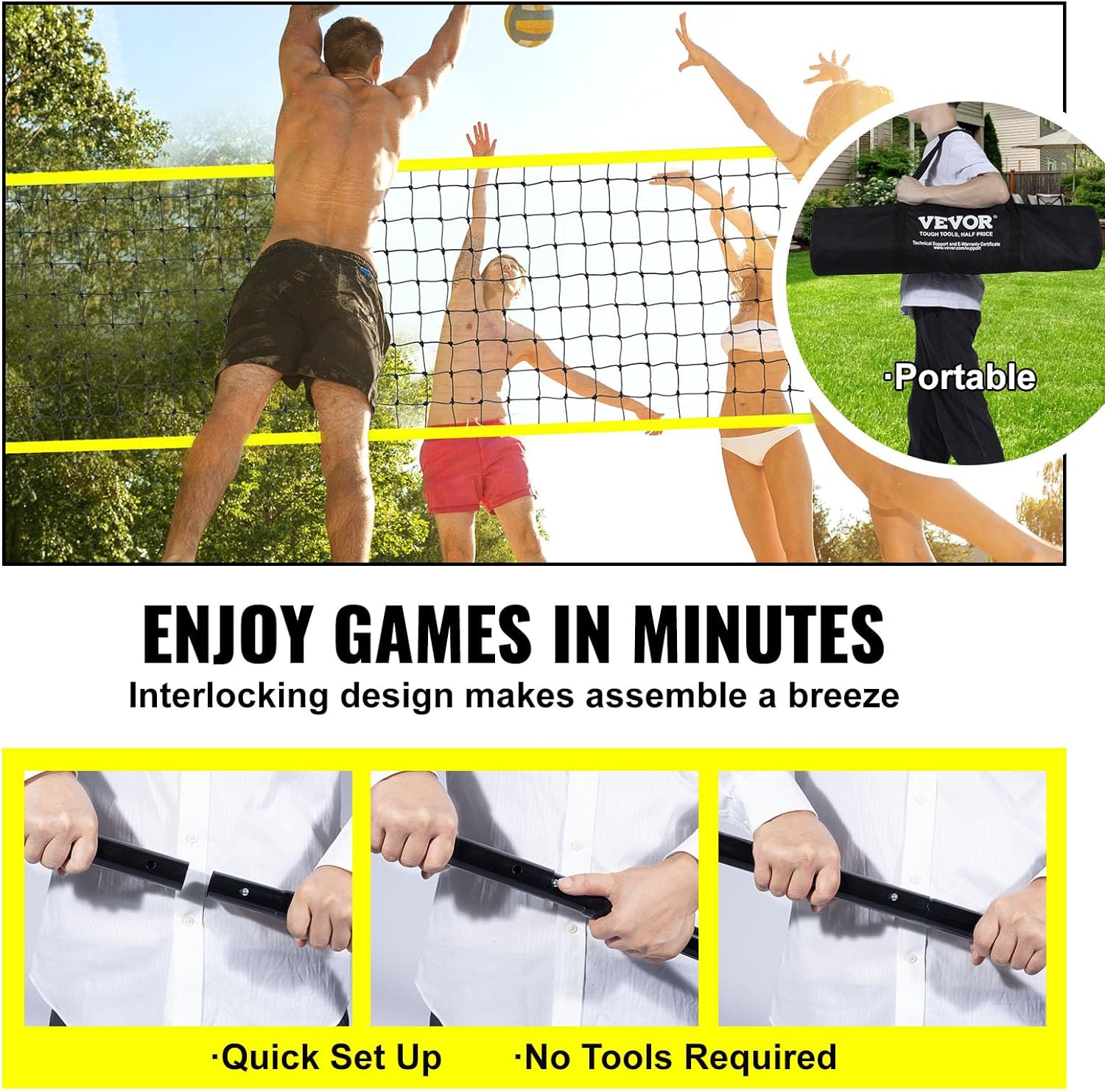 Set fileu volei, plasa pentru volleyball/badminton 9.7m x 2.4m, inaltime reglabila, material impermeabil, cu stalpi metalici, minge de volei, pompa si geanta de depozitare si transport incluse