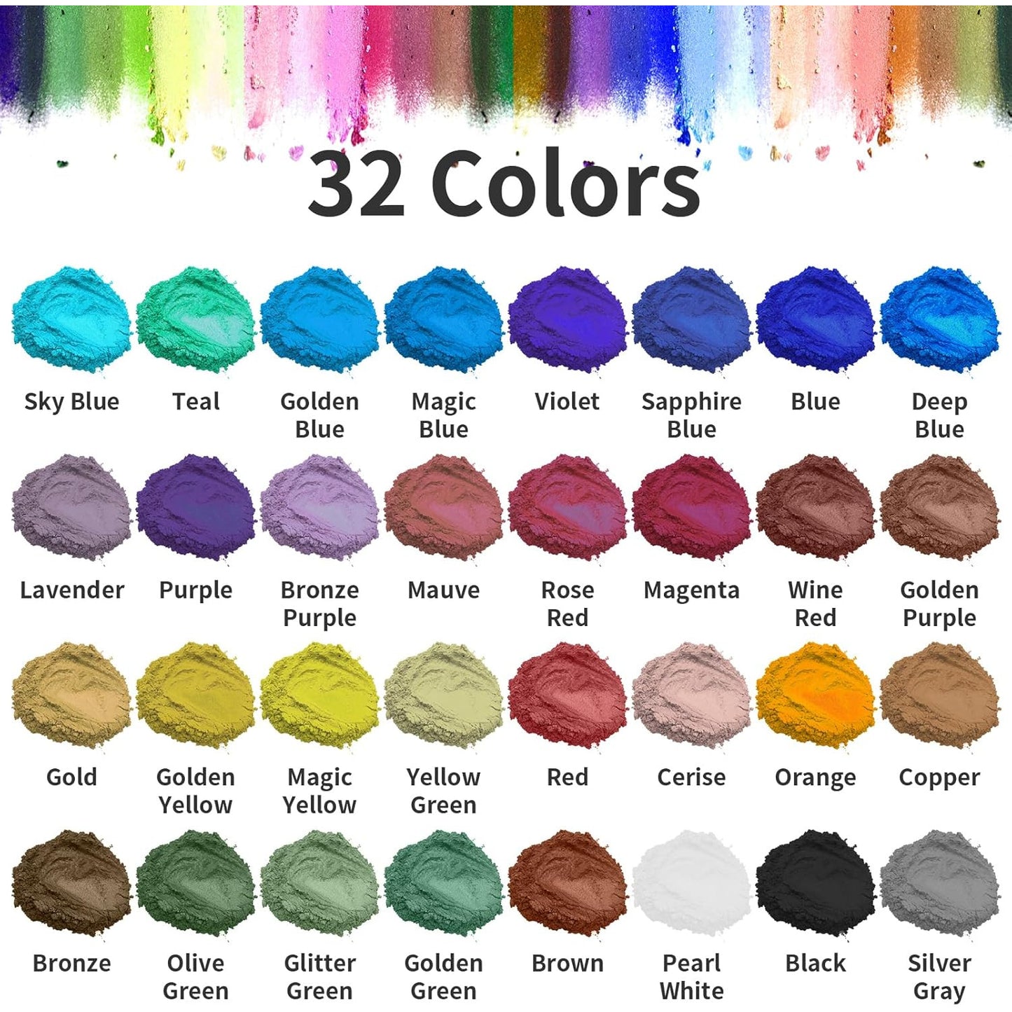 Set pigmenti pudra cu 32 culori metalice 5 g, colorant pulbere metalizata, aditiv multifunctional pentru vopsea, rasina epoxidica, lumanari, slime, sapun
