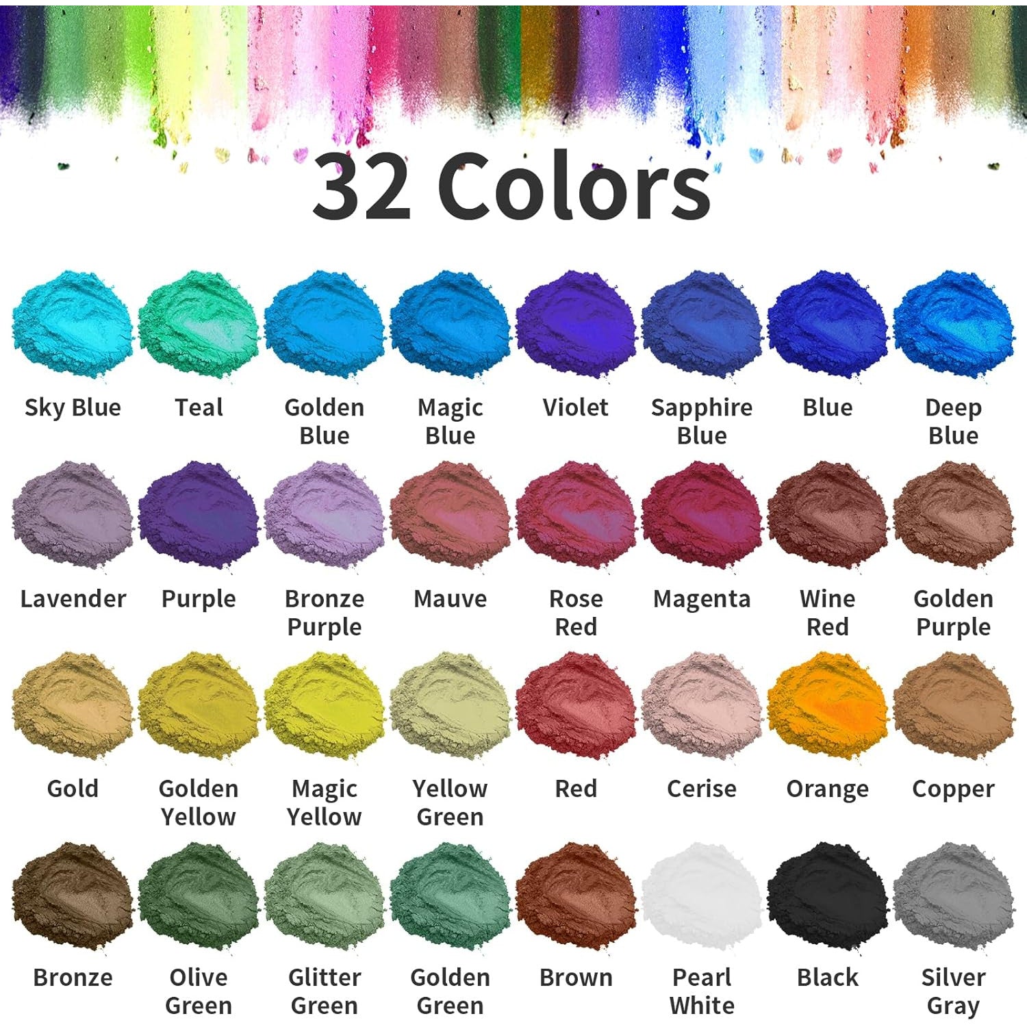 Set pigmenti pudra cu 32 culori metalice 5 g, colorant pulbere metalizata, aditiv multifunctional pentru vopsea, rasina epoxidica, lumanari, slime, sapun