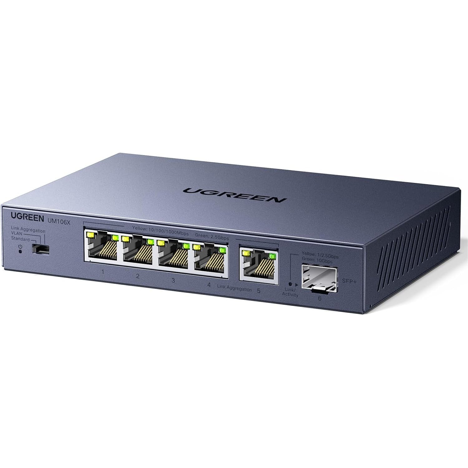 Switch LAN UGREEN 2.5 G cu 5 porturi 2.5G + 1 port SFP+ 10G, neadministrat, pentru PC, NAS, server, WiFi 6, transfer rapid date, carcasa metalica, montare desktop sau perete